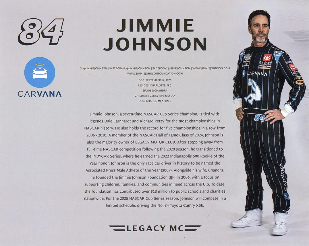 Autographed 2025 Jimmie Johnson #84 Carvana Racing Daytona 500 Shaq Car (Official Hero Card) Legacy Motor Club Signed 8X10 Inch Picture Nascar Photo With Coa 2