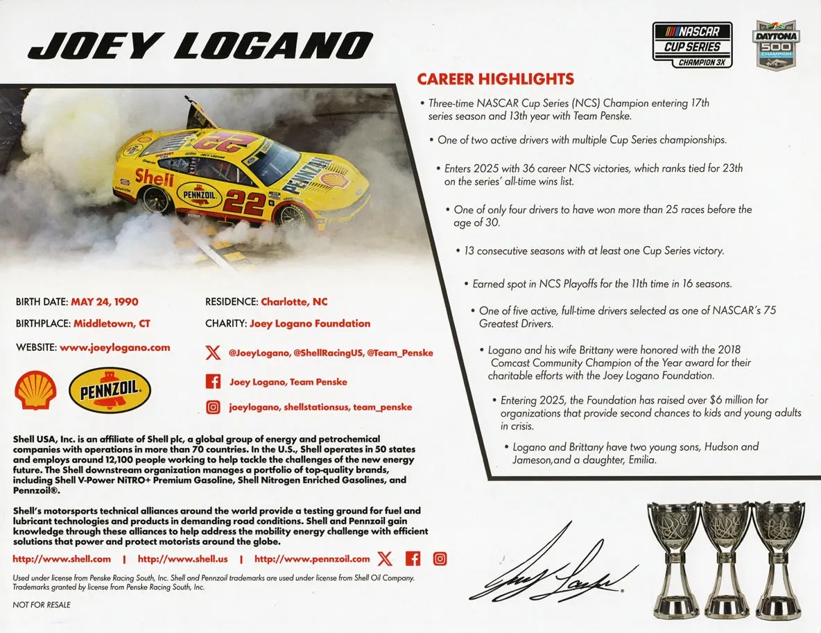 Autographed 2025 Joey Logano #22 Pennzoil Racing 3X Nascar Champion (Official Hero Card) Signed 9X11 Inch Picture Nascar Photo With Coa 2