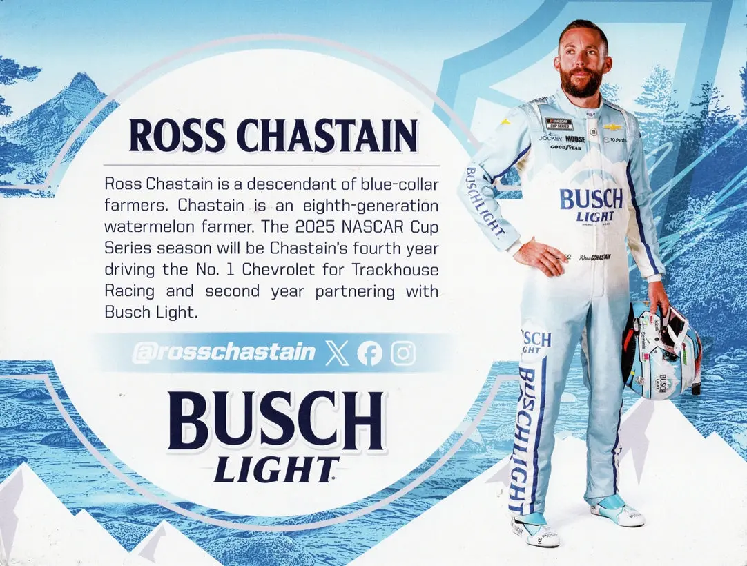 Autographed 2025 Ross Chastain #1 Busch Light Camaro Official Hero Card (Trackhouse Racing) Signed 8X10 Inch Picture Nascar Photo With Coa 2