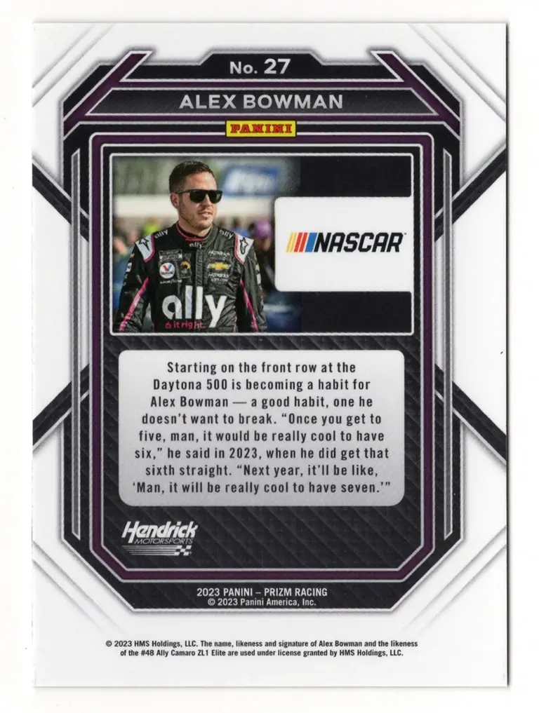 Autographed Alex Bowman 2023 Panini Prizm Racing (#48 Ally Driver) Signed Nascar Collectible Trading Card With Coa 2