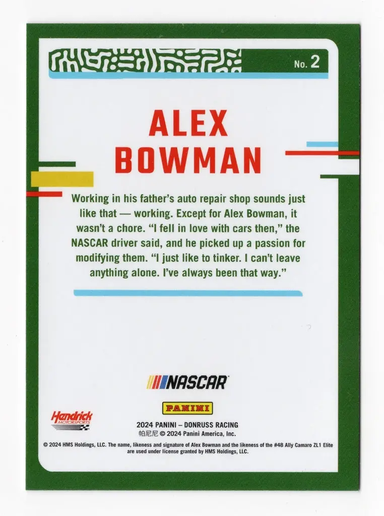 Autographed Alex Bowman 2024 Donruss Optic Racing (#48 Ally Driver) Signed Nascar Collectible Trading Card With Coa 2