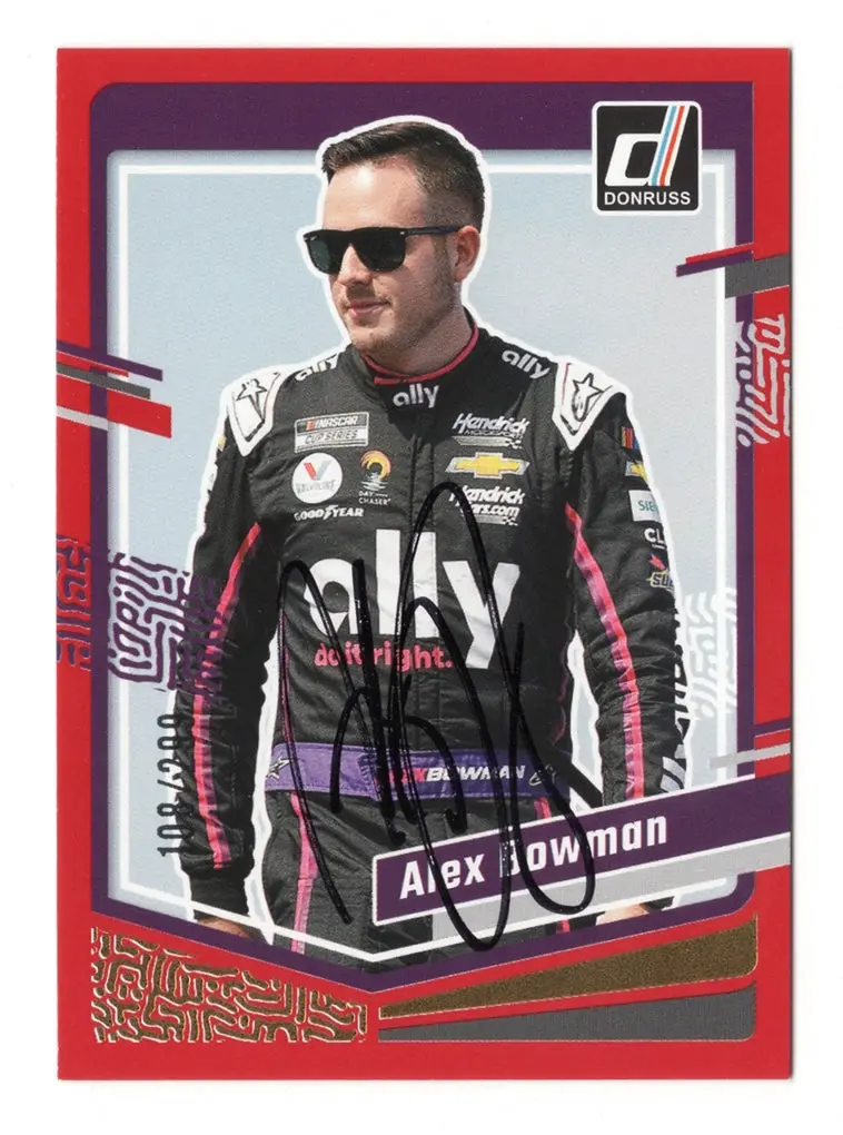 Autographed Alex Bowman 2024 Donruss Racing Red Parallel Insert Signed Nascar Collectible Trading Card #108/299 (Only 299 Made) 1
