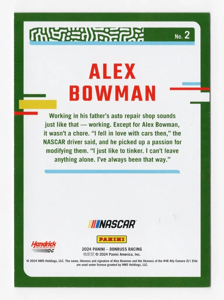 Autographed Alex Bowman 2024 Donruss Racing Red Parallel Insert Signed Nascar Collectible Trading Card #108/299 (Only 299 Made) 2