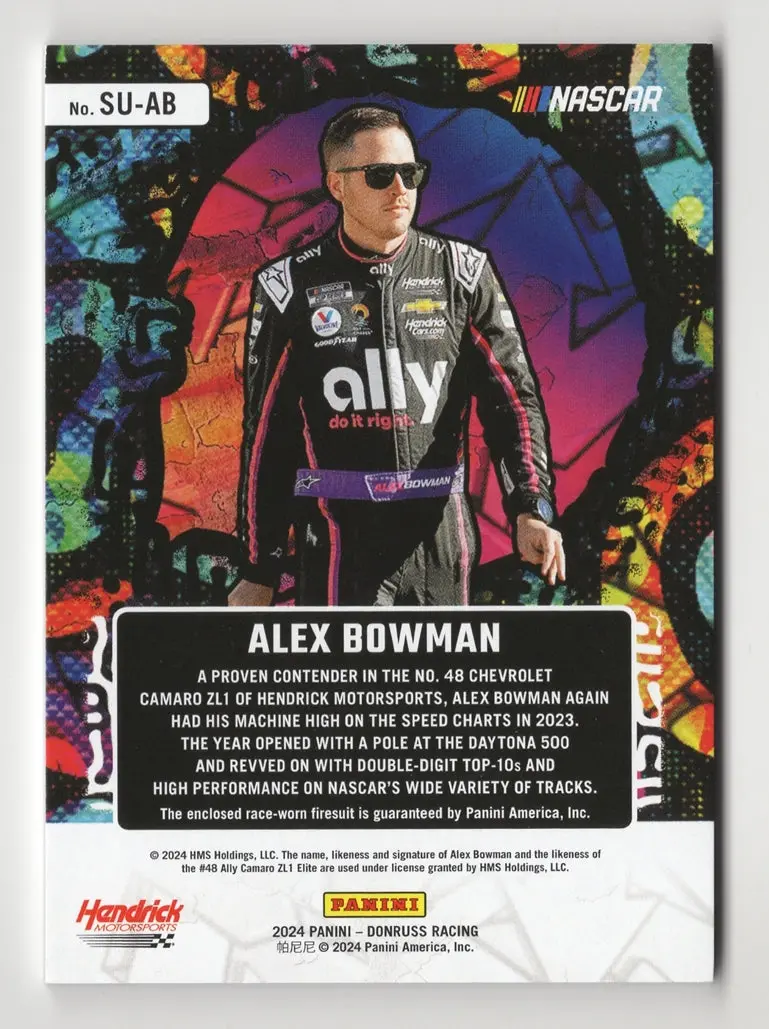 Autographed Alex Bowman 2024 Donruss Racing Suited Up (Race-Worn Firesuit) Memorabilia Insert Signed Nascar Trading Card #84/99 (Only 99 Made) 2