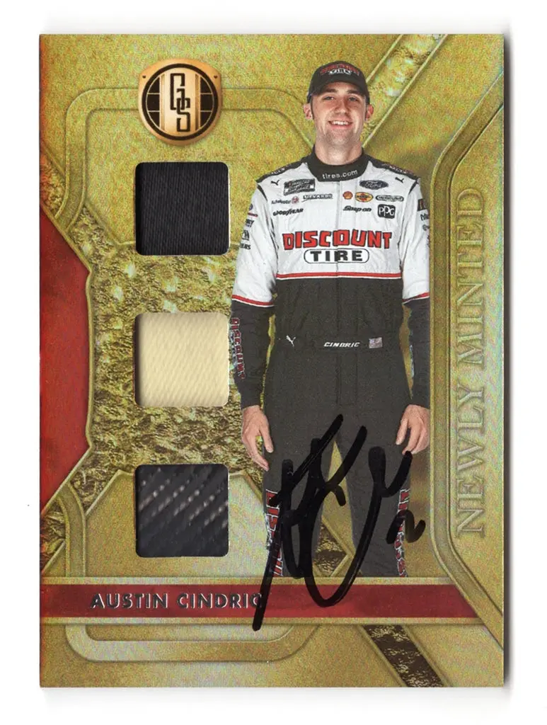 Autographed Austin Cindric 2023 Panini Gold Standard Racing Newly Minted (Triple Relic) Race-Used Memorabilia Signed Nascar Trading Card With Coa 1