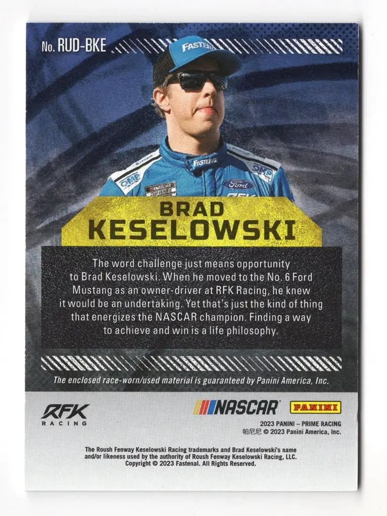 Autographed Brad Keselowski 2023 Panini Prime Racing Race Used Firesuits Memorabilia Relic Insert Signed Nascar Trading Card #54/99 (Only 99 Made) 2
