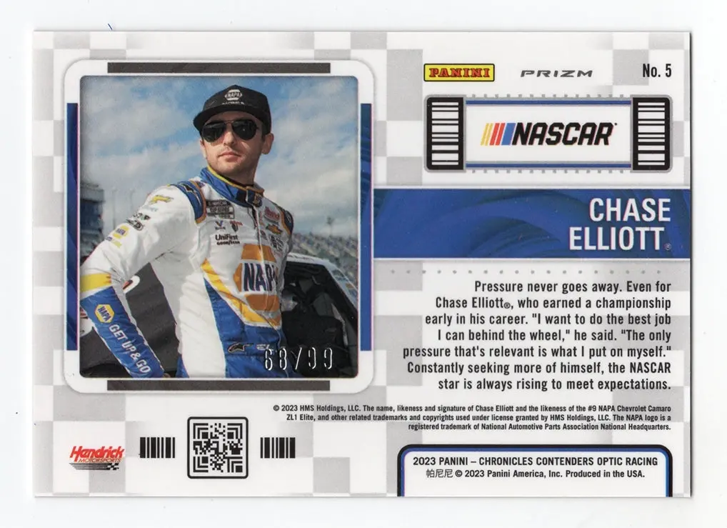 Autographed Chase Elliott 2023 Panini Chronicles Contender Optic Racing Season Ticket (Red Parallel) Insert Signed Nascar Collectible Trading Card #68/99 2