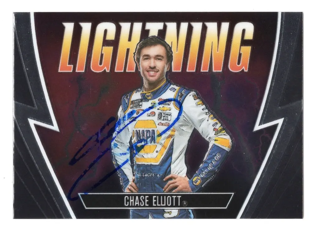 Autographed Chase Elliott 2023 Panini Chronicles Racing Lightning Insert Signed Nascar Collectible Trading Card With Coa 1