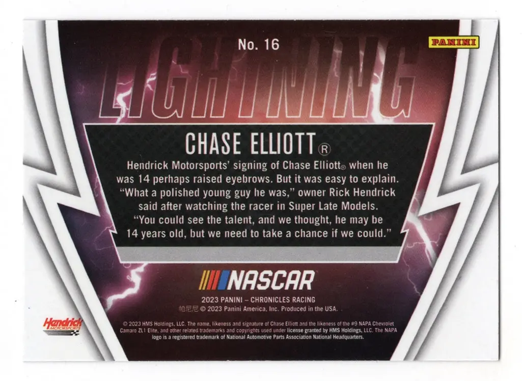 Autographed Chase Elliott 2023 Panini Chronicles Racing Lightning Insert Signed Nascar Collectible Trading Card With Coa 2