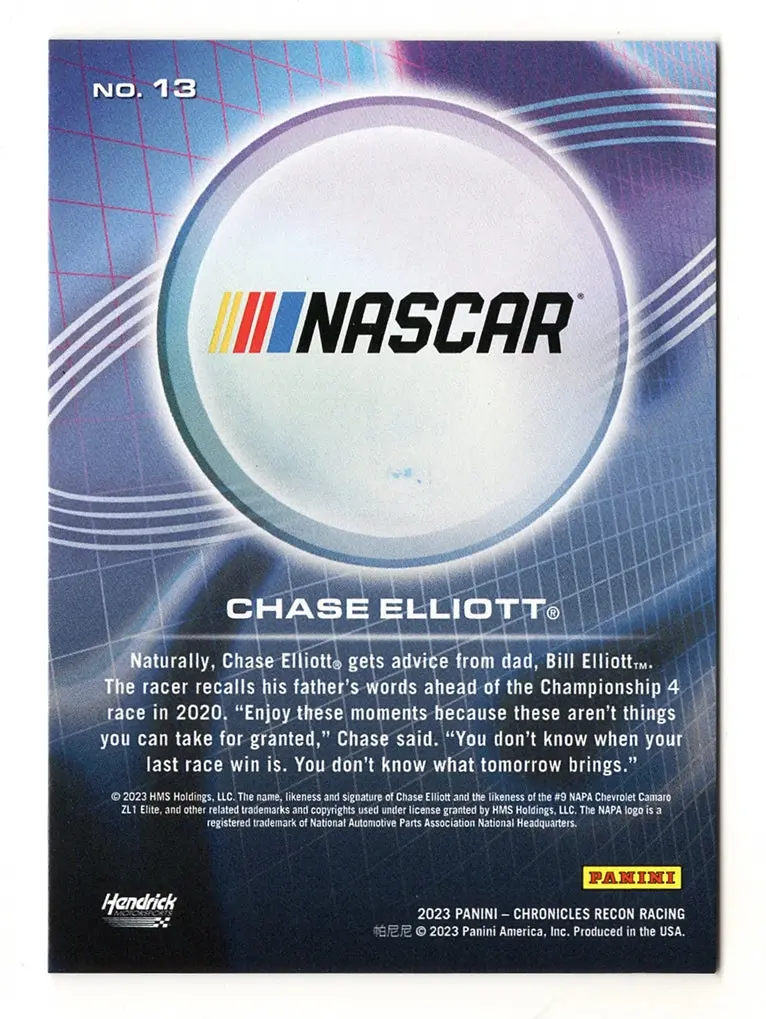 Autographed Chase Elliott 2023 Panini Chronicles Racing Recon (#9 Napa Team) Insert Signed Nascar Collectible Trading Card With Coa 2