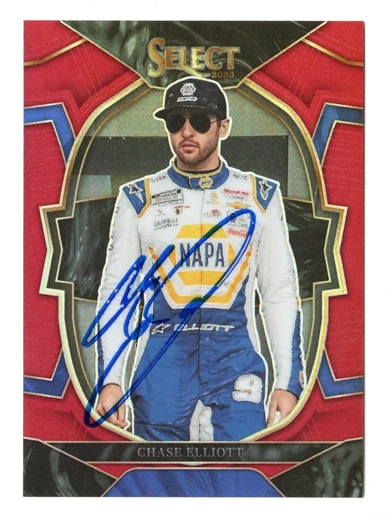 Autographed Chase Elliott 2023 Panini Chronicles Select Racing Red Prizm Insert Signed Nascar Collectible Trading Card #41/99 1