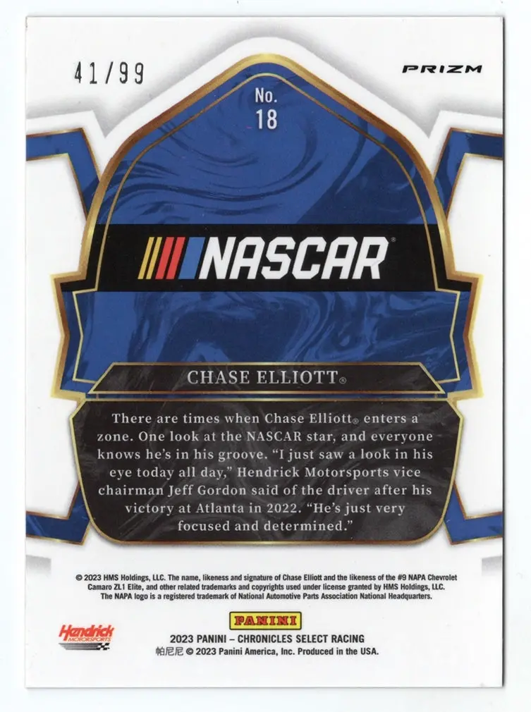 Autographed Chase Elliott 2023 Panini Chronicles Select Racing Red Prizm Insert Signed Nascar Collectible Trading Card #41/99 2