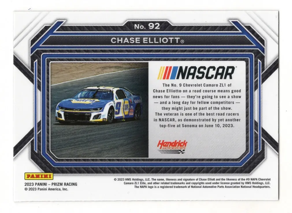 Autographed Chase Elliott 2023 Panini Prizm Racing (#9 Napa Next Gen Car) Signed Nascar Collectible Trading Card With Coa 2
