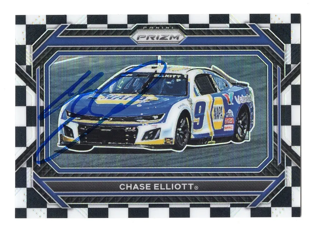 Autographed Chase Elliott 2023 Panini Prizm Racing Checkered Flag Prizm Insert Signed Nascar Collectible Trading Card #04/50 1