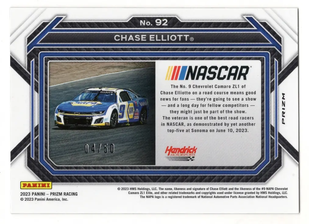 Autographed Chase Elliott 2023 Panini Prizm Racing Checkered Flag Prizm Insert Signed Nascar Collectible Trading Card #04/50 2