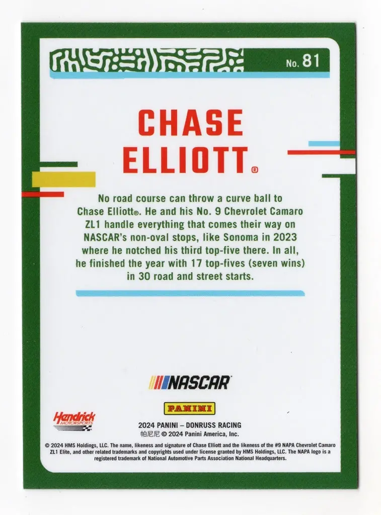 Autographed Chase Elliott 2024 Donruss Optic Racing (#9 Napa Car) Signed Nascar Collectible Trading Card With Coa 2