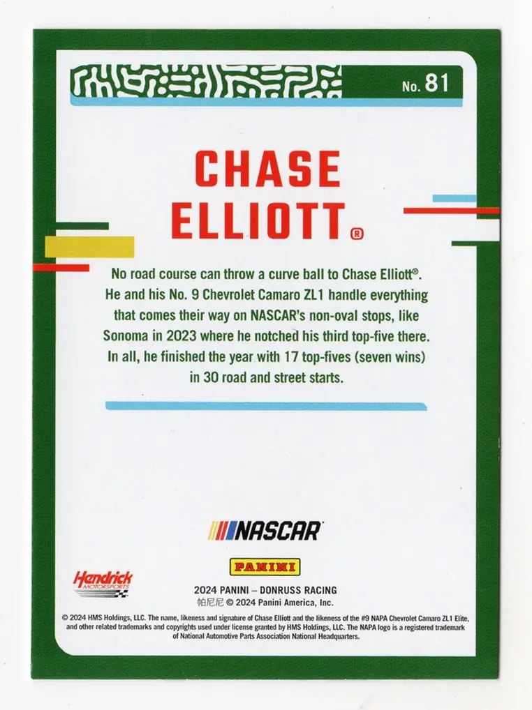 Autographed Chase Elliott 2024 Donruss Racing (#9 Napa Next Gen Car) Signed Nascar Collectible Trading Card With Coa 2