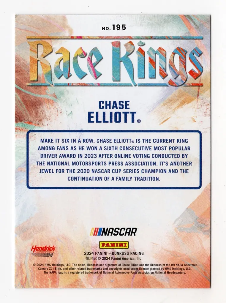 Autographed Chase Elliott 2024 Donruss Racing Race Kings (Red & Blue Parallel) Insert Signed Nascar Collectible Trading Card With Coa 2