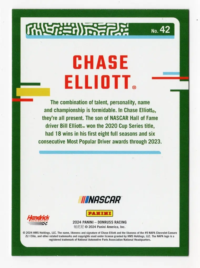 Autographed Chase Elliott 2024 Donruss Racing Red & Blue Parallel Driver Insert Signed Nascar Collectible Trading Card With Coa 2