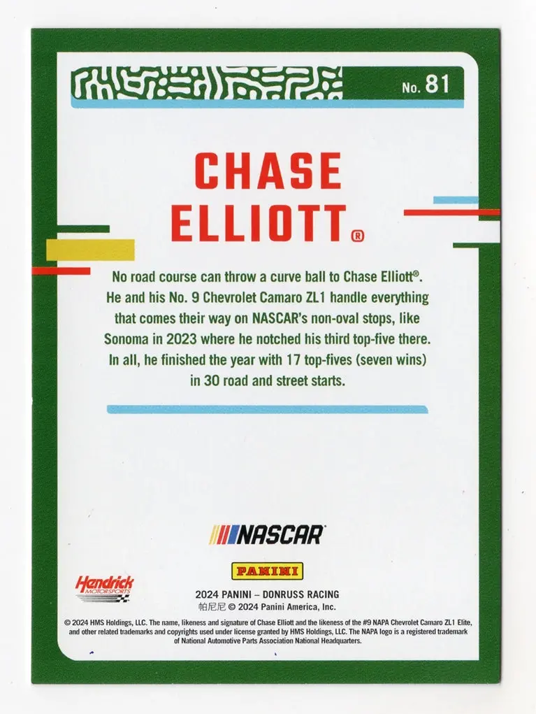 Autographed Chase Elliott 2024 Donruss Racing Red & Blue Parallel Insert Signed Nascar Collectible Trading Card With Coa 2