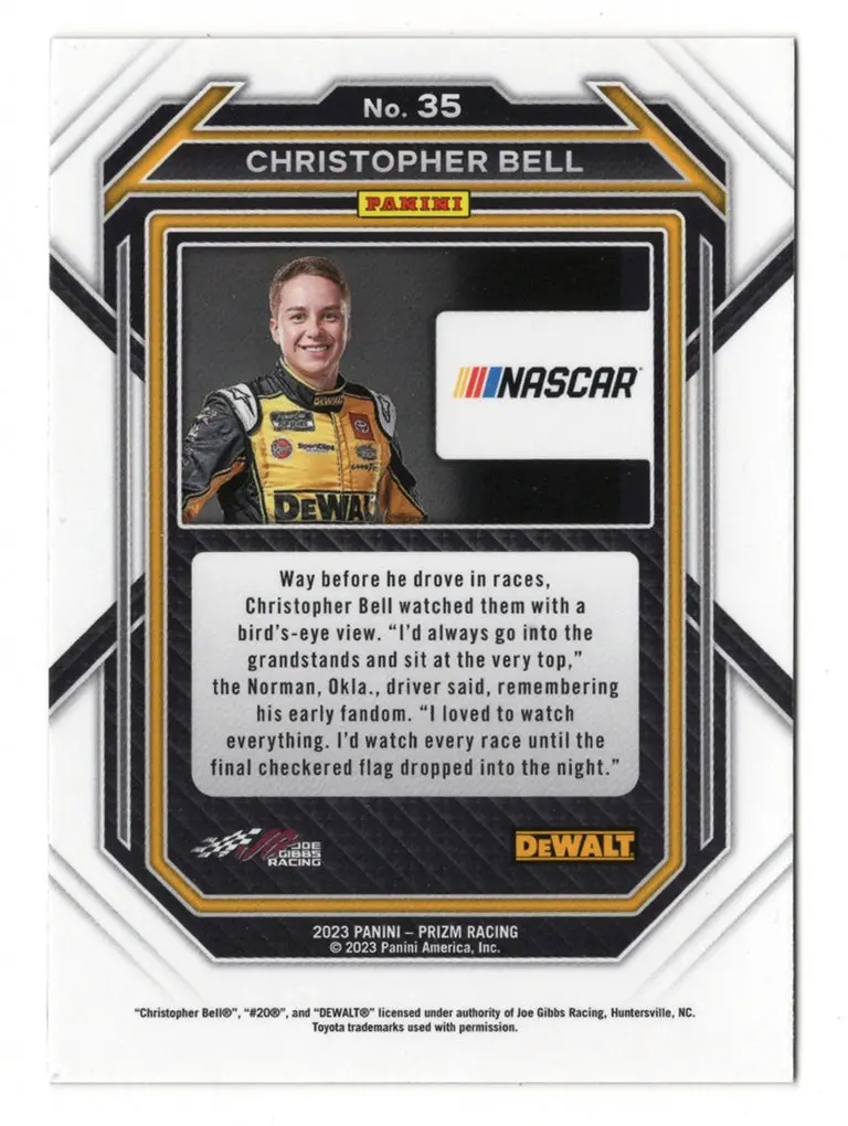 Autographed Christopher Bell 2023 Panini Prizm Racing (#20 Dewalt Team) Signed Nascar Collectible Trading Card With Coa 2