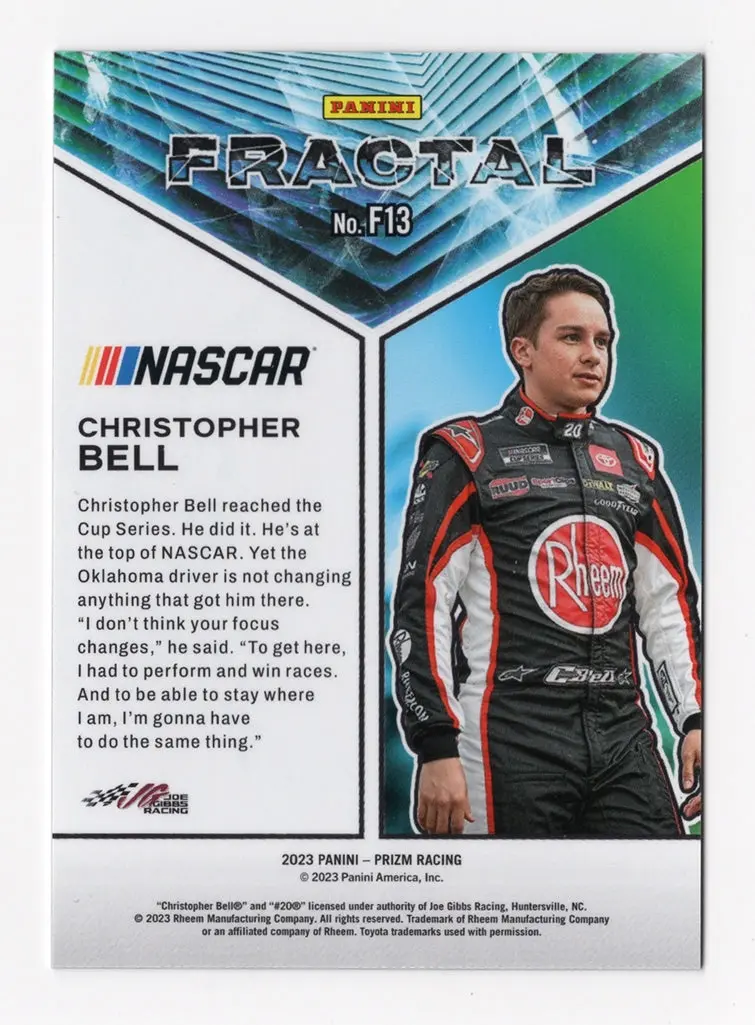 Autographed Christopher Bell 2023 Panini Prizm Racing Fractal (#20 Rheem) Insert Signed Nascar Collectible Trading Card With Coa 2