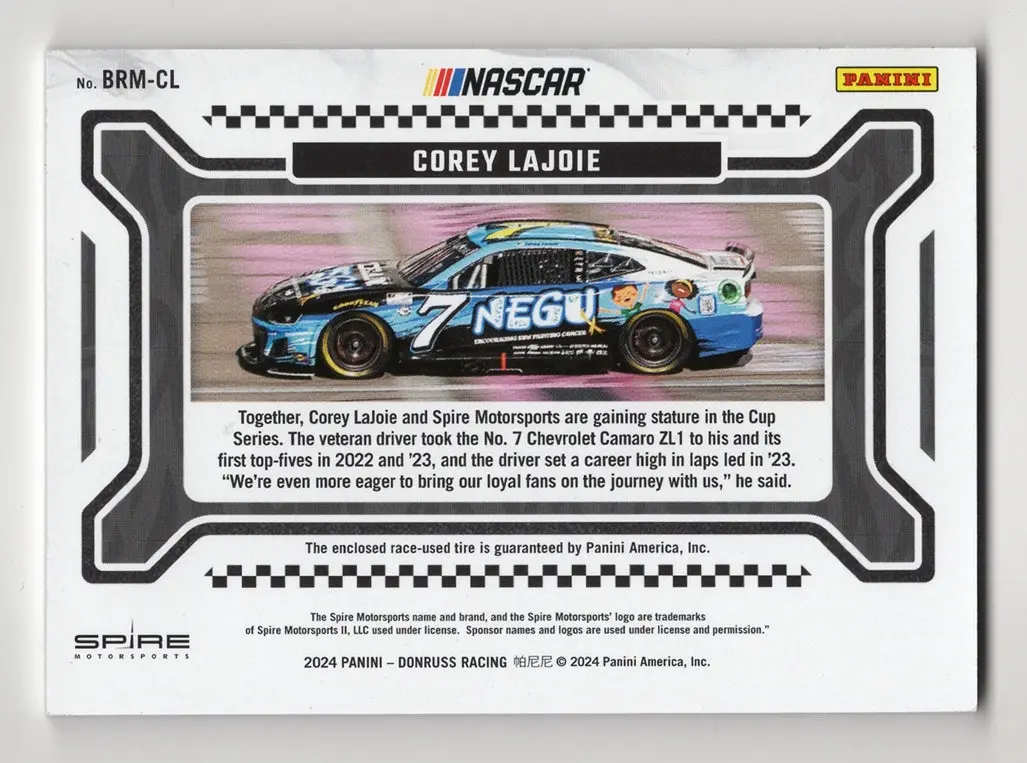 Autographed Corey Lajoie  2024 Donruss Racing Burning Rubber (Race-Used Tire) Memorabilia Relic Signed Nascar Collectible Trading Card With Coa 2