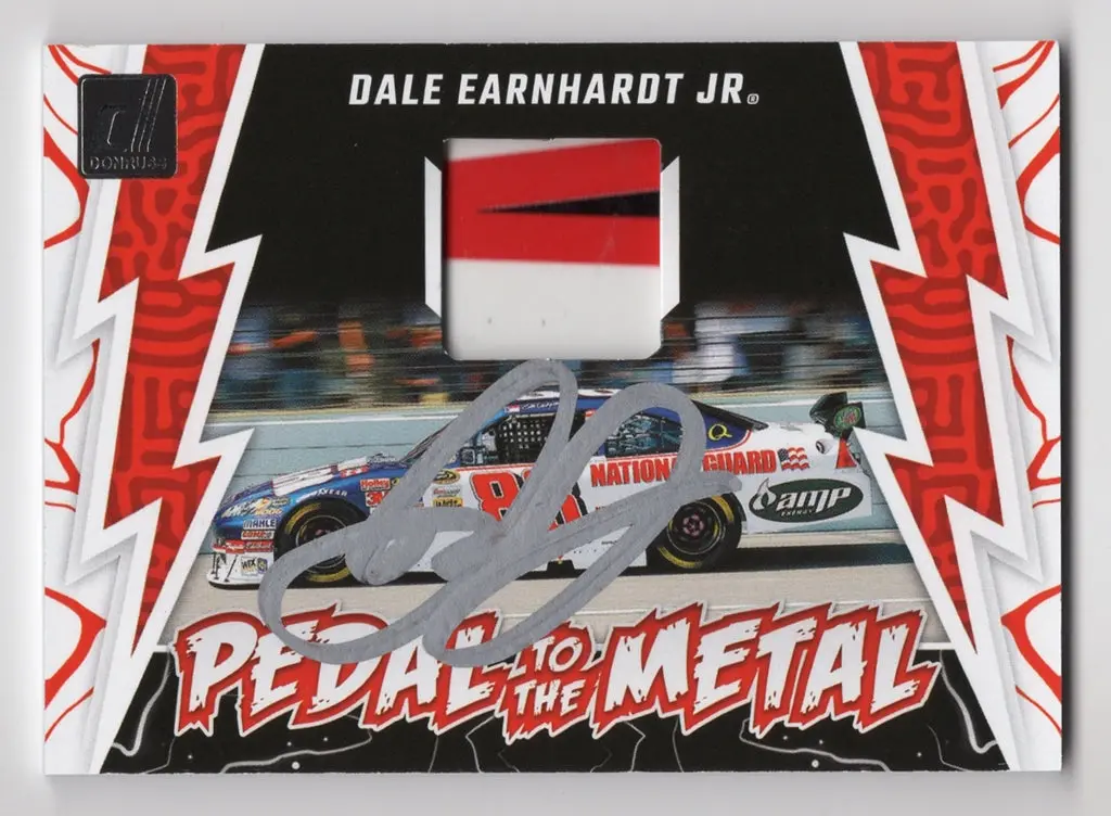 Autographed Dale Earnhardt Jr. 2024 Donruss Racing Pedal To The Metal (Race-Used Sheet Metal) Rare 3-Color Piece Signed Nascar Collectible Trading Card With Coa 1