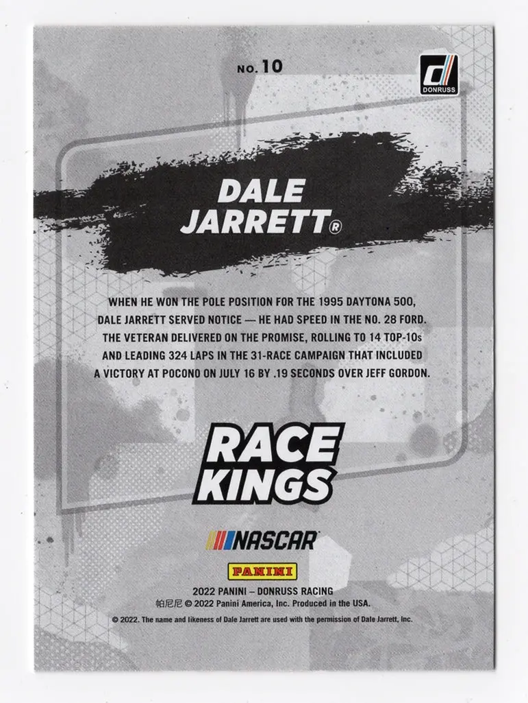 Autographed Dale Jarrett 2022 Donruss Racing Race Kings Gray Parallel Insert Signed Nascar Collectible Trading Card With Coa 2
