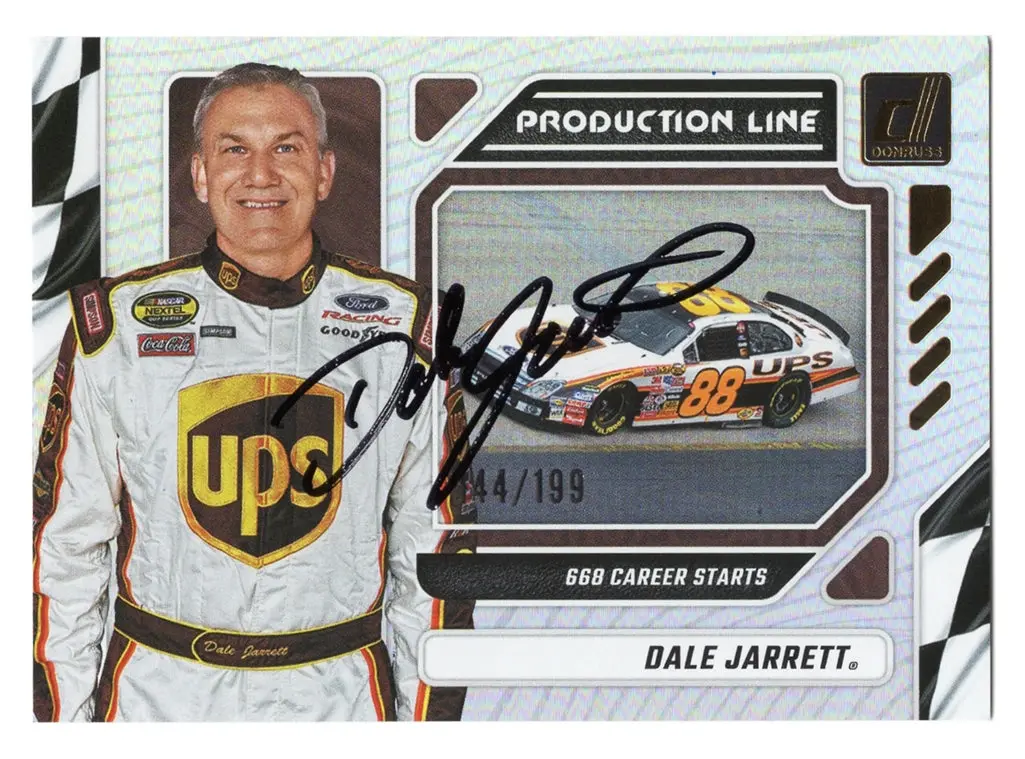 Autographed Dale Jarrett 2024 Donruss Racing Production Line Silver Parallel Insert Signed Nascar Collectible Trading Card #144/199 (Only 199 Made) 1
