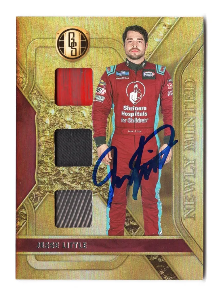 Autographed Jesse Little 2023 Panini Gold Standard Racing Newly Minted (Triple Relic) Race-Used Memorabilia Signed Nascar Trading Card With Coa 1