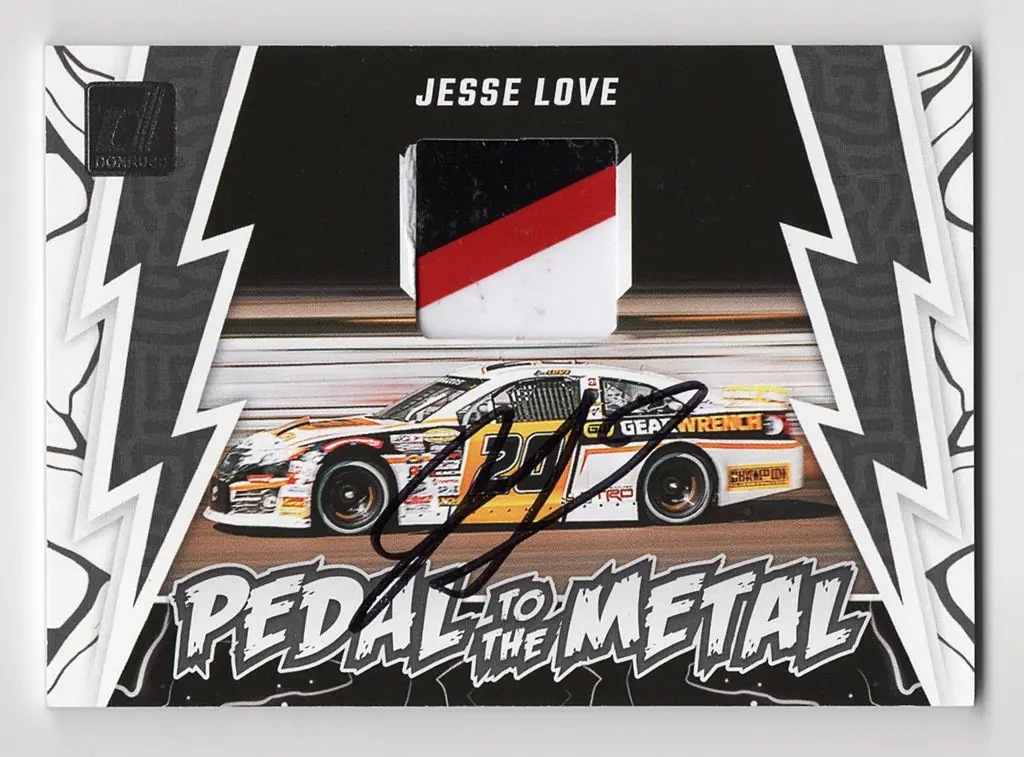 Autographed Jesse Love 2024 Donruss Racing Pedal To The Metal (Race-Used Sheet Metal) Rare 3-Color Piece Signed Nascar Trading Card With Coa 1
