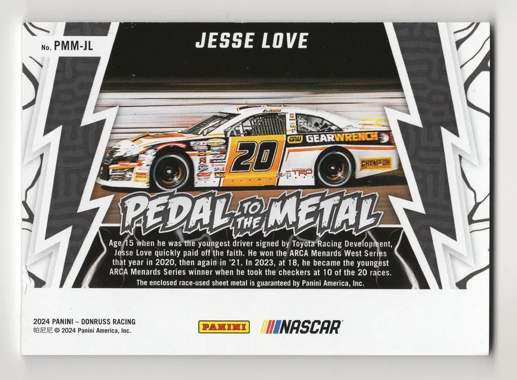 Autographed Jesse Love 2024 Donruss Racing Pedal To The Metal (Race-Used Sheet Metal) Rare 3-Color Piece Signed Nascar Trading Card With Coa 2