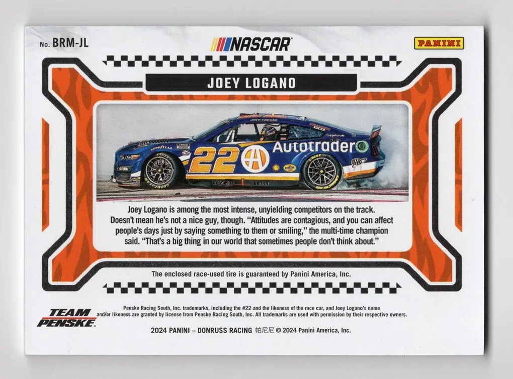 Autographed Joey Logano 2024 Donruss Racing Burning Rubber (Race-Used Tire) Memorabilia Relic Signed Nascar Trading Card With Coa 2