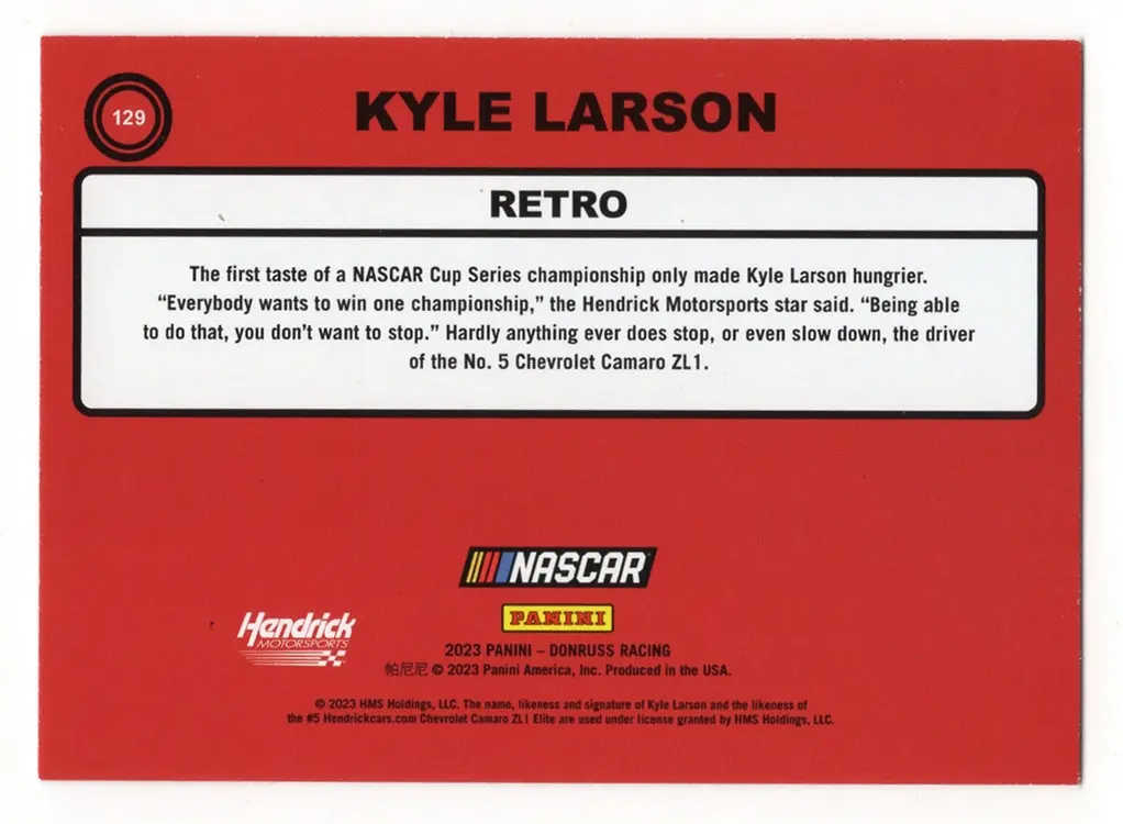 Autographed Kyle Larson 2023 Donruss Racing Retro (#5 Hendrick Team) Signed Nascar Collectible Trading Card With Coa 2