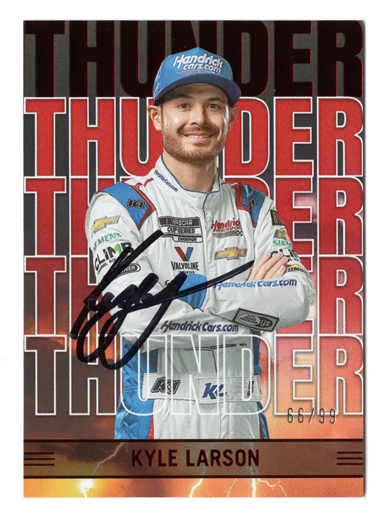 Autographed Kyle Larson 2023 Panini Chronicles Racing Thunder (Red Parallel) Insert Signed Nascar Collectible Trading Card #66/99 1
