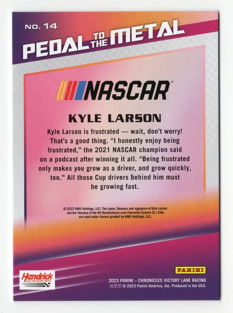 Autographed Kyle Larson 2023 Panini Chronicles Victory Lane Racing Pedal To The Metal Signed Nascar Collectible Trading Card With Coa 2