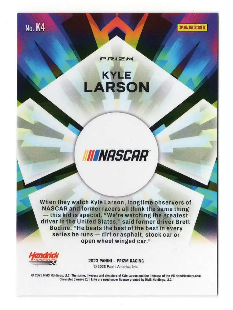 Autographed Kyle Larson 2023 Panini Prizm Racing Kaleidoscope Silver Prizm Insert Signed Nascar Collectible Trading Card With Coa 2