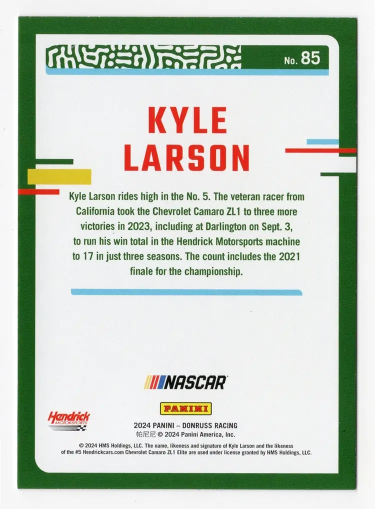 Autographed Kyle Larson 2024 Donruss Racing Red & Blue Parallel (#5 Hendrick Car) Insert Signed Nascar Collectible Trading Card With Coa 2