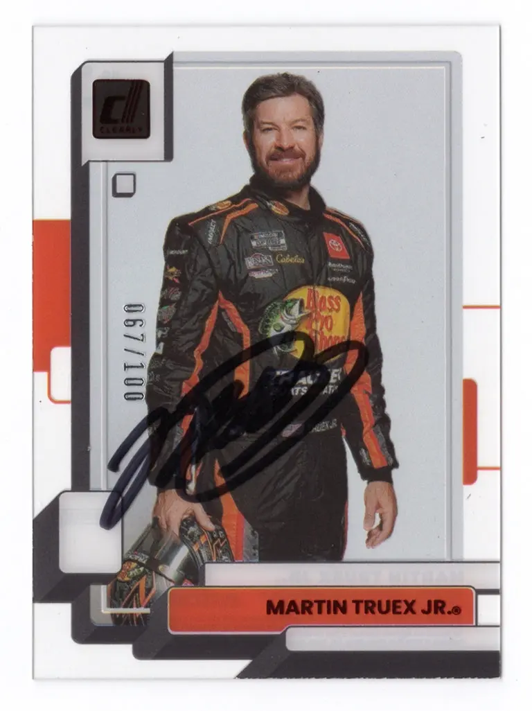 Autographed Martin Truex Jr. 2023 Panini Chronicles Clearly Donruss #067/100 (Red Parallel) Insert Signed Nascar Collectible Trading Card With Coa 1