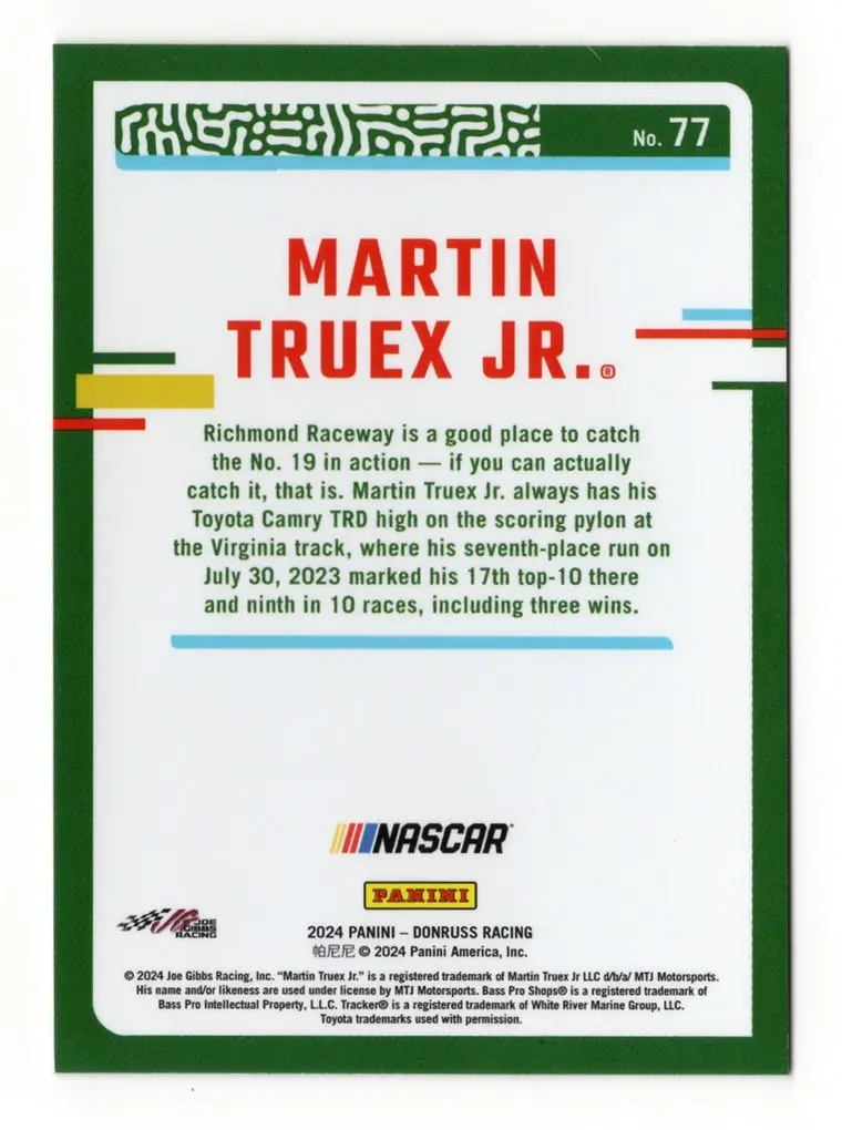 Autographed Martin Truex Jr. 2024 Donruss Optic Racing Final Season (#19 Bass Pro Car) Signed Nascar Collectible Trading Card With Coa 2