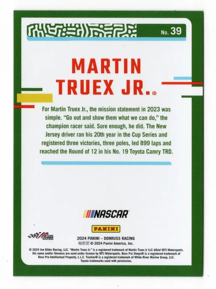 Autographed Martin Truex Jr. 2024 Donruss Optic Racing Final Season (#19 Bass Pro Driver) Signed Nascar Collectible Trading Card With Coa 2
