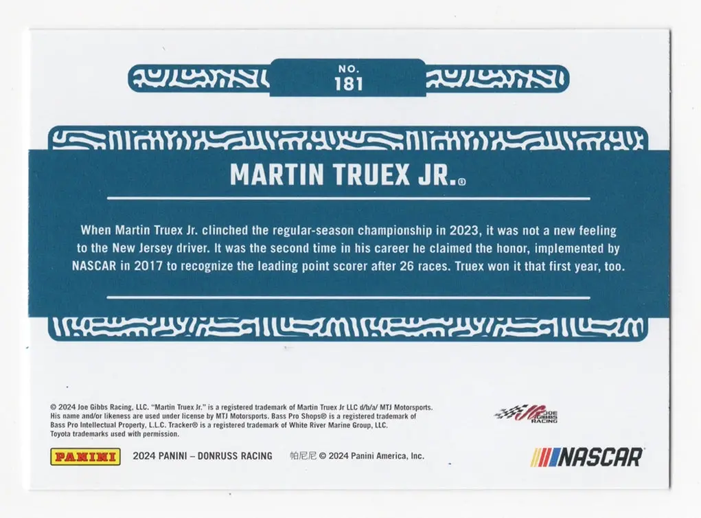 Autographed Martin Truex Jr. 2024 Donruss Racing Cup Regular Season Champ Signed Nascar Collectible Trading Card With Coa 2