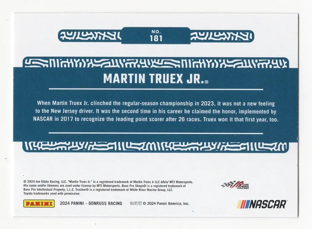 Autographed Martin Truex Jr. 2024 Donruss Racing Cup Regular Season Champ Parallel Insert Signed Nascar Collectible Trading Card With Coa 2