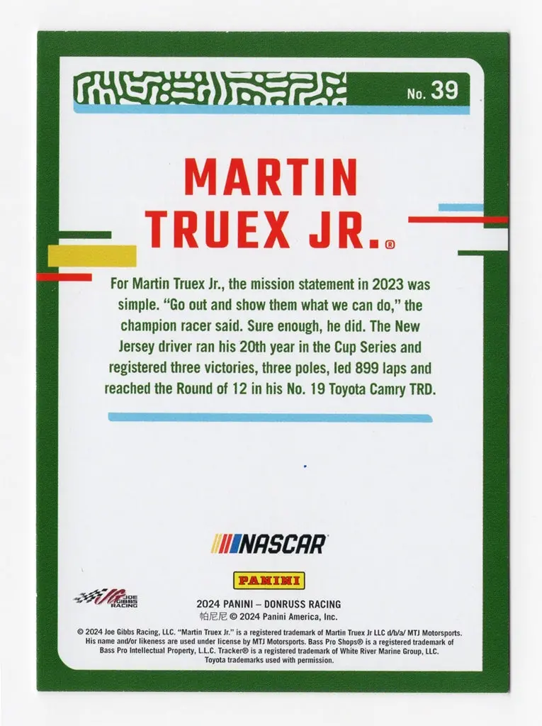 Autographed Martin Truex Jr. 2024 Donruss Racing Final Season (#19 Bass Pro Driver Signed Nascar Collectible Trading Card With Coa 2
