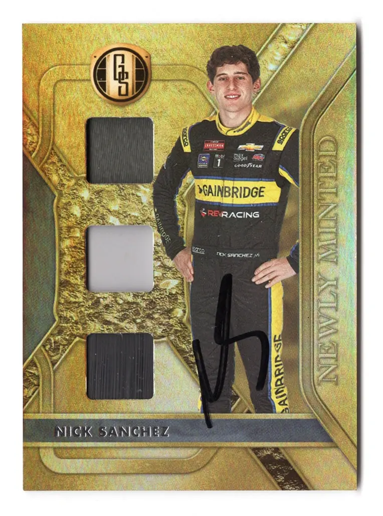Autographed Nick Sanchez 2023 Panini Gold Standard Racing Newly Minted (Triple Relic) Race-Used Memorabilia Signed Nascar Collectible Trading Card With Coa 1
