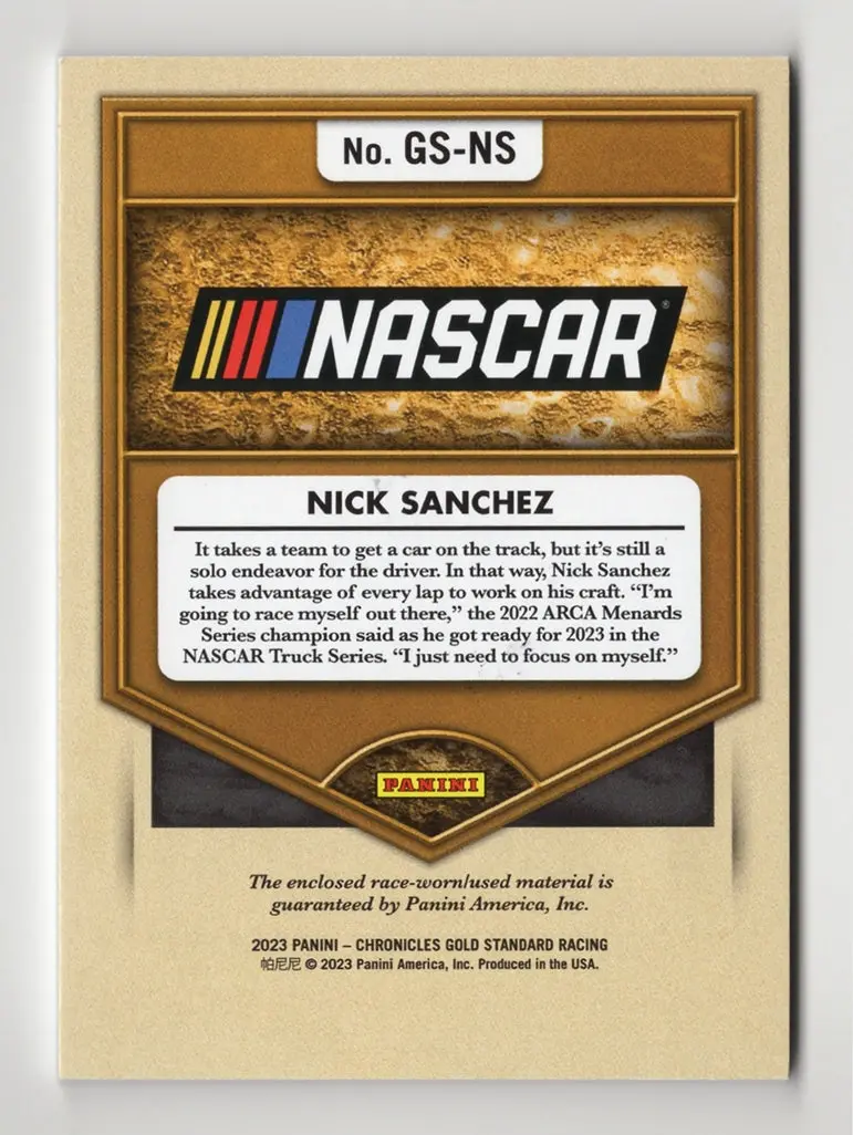 Autographed Nick Sanchez 2023 Panini Gold Standard Racing Newly Minted (Triple Relic) Race-Used Memorabilia Signed Nascar Collectible Trading Card With Coa 2