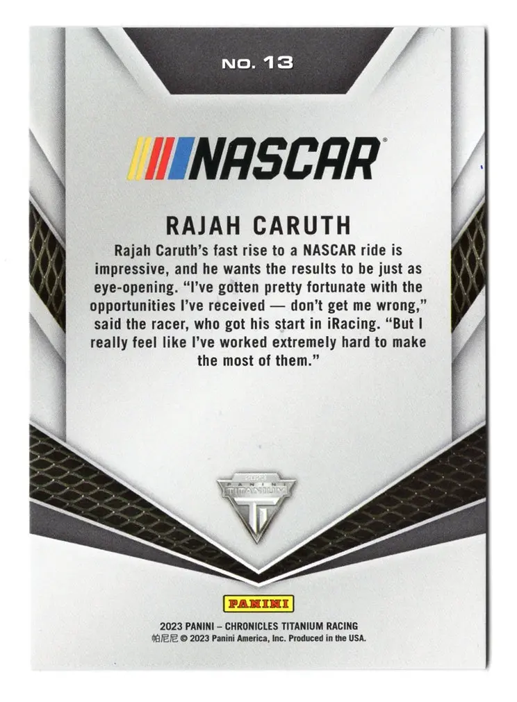 Autographed Rajah Caruth 2023 Panini Chronicles Racing Titanium Official Rookie Card Signed Nascar Collectible Trading Card With Coa 2