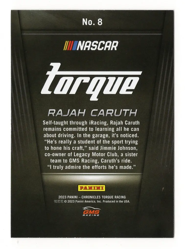 Autographed Rajah Caruth 2023 Panini Chronicles Racing Torque Official Rookie Signed Nascar Collectible Trading Card With Coa 2