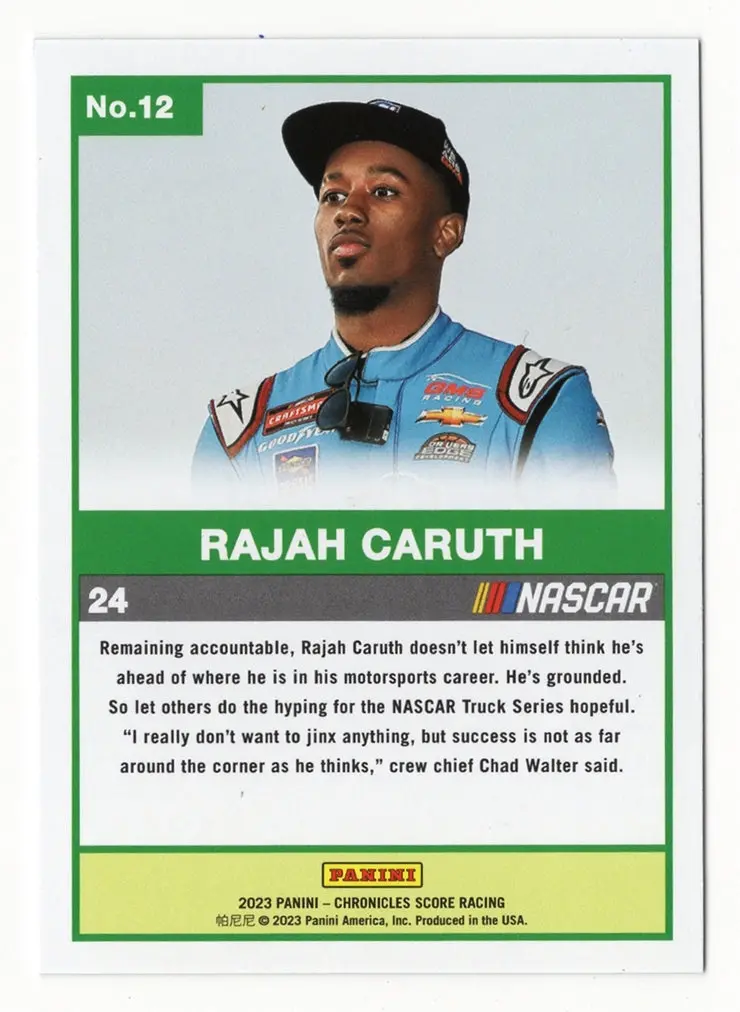 Autographed Rajah Caruth 2023 Panini Chronicles Score Racing Official Rookie Green Parallel Signed Nascar Collectible Trading Card With Coa 2
